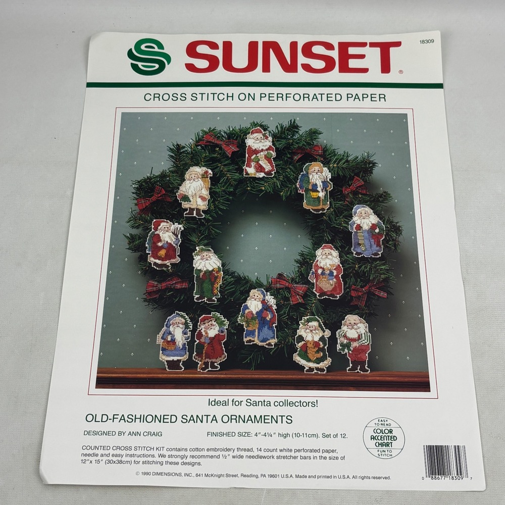 Sunset Old-Fashioned Santa Ornaments Counted Cross Stitch Kit 18309 Vintage 1990